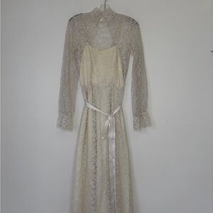 Vintage Lace Overlay Dress with Satin Belt